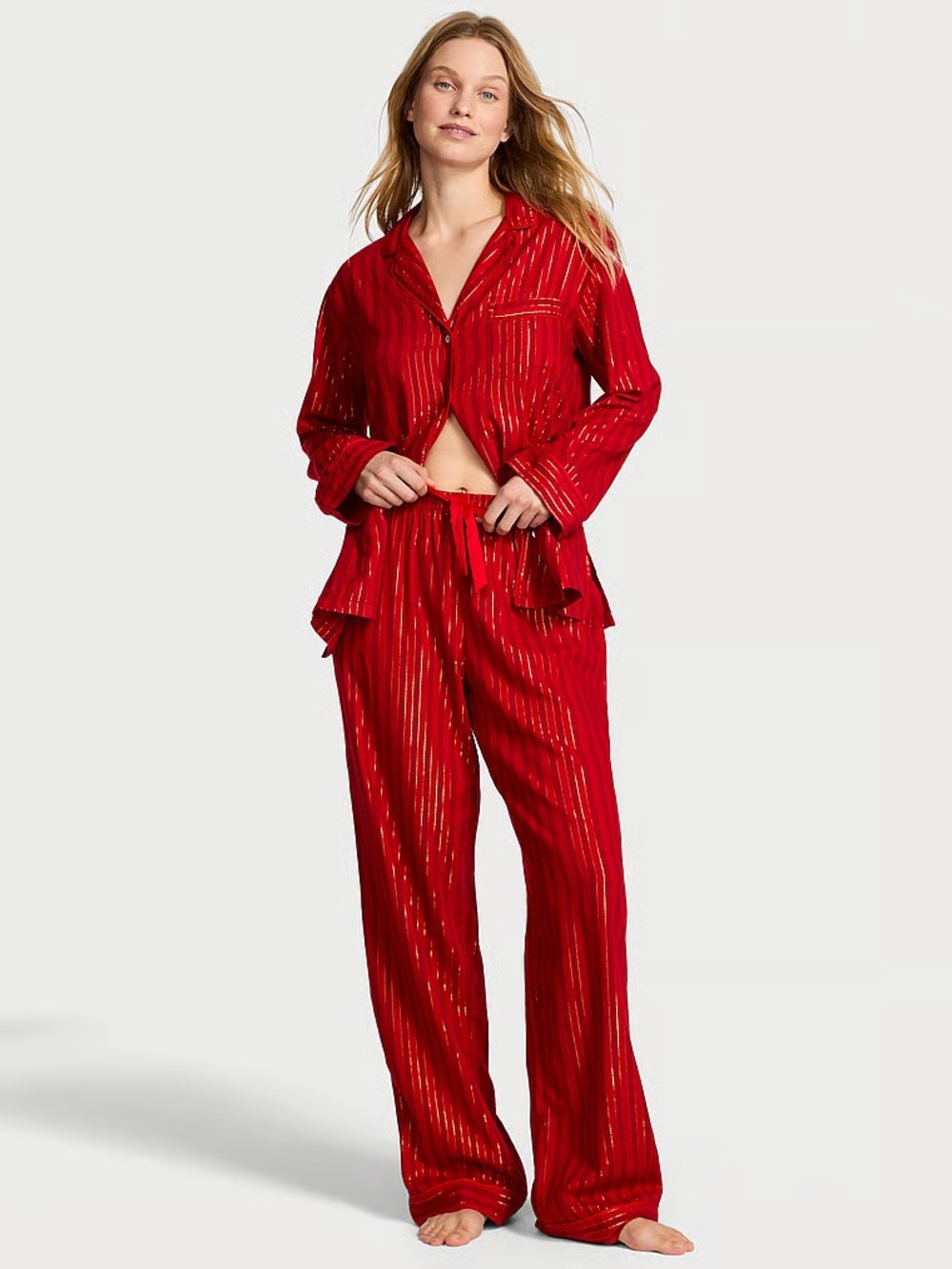 Victoria's Secret Lipstick Red Sparkly Flannel Short/Petite Pajama Set
